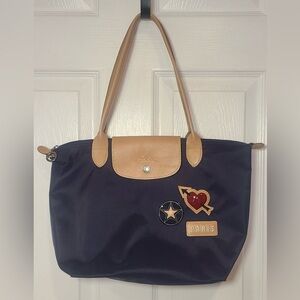 Longchamp NAVY Blue and Tan Medium Le PILAGE with Paris Patches Silver Hardware